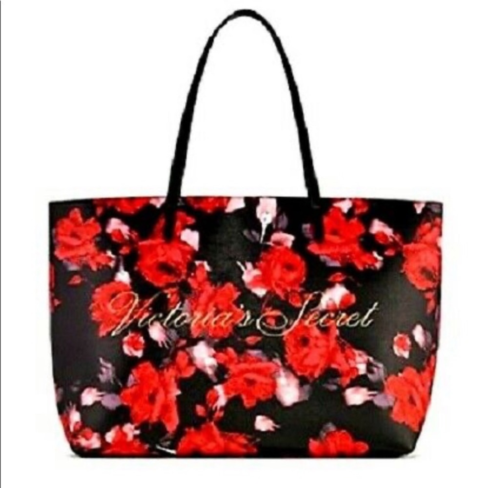 VICTORIA’S SECRET Black Vinyl Red Floral tote bag